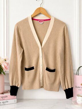 Kate Spade Colorblock Cashmere Gallery Cardigan Sweater Large Tan Black White